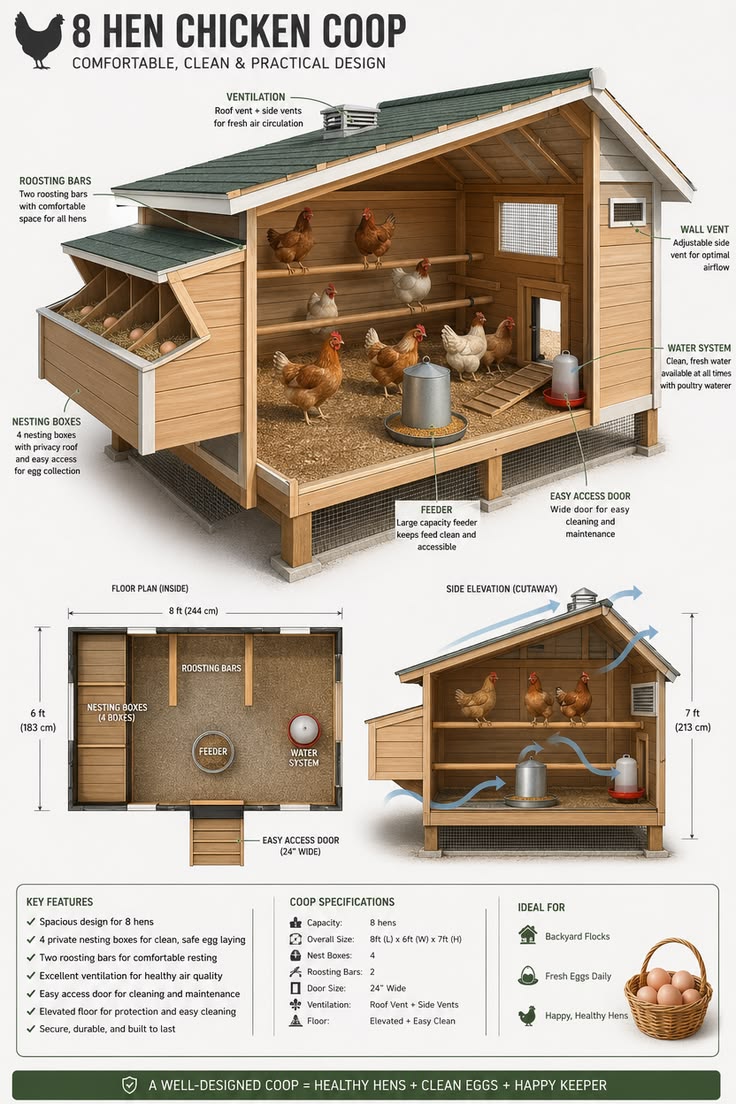8 Hen Chicken Coop Design Layout, Ventilation & Nesting Guide